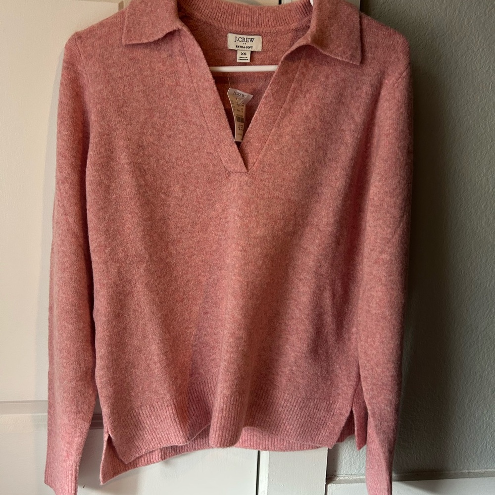 J. Crew Pink V-Neck Sweater with Ribbed Collar